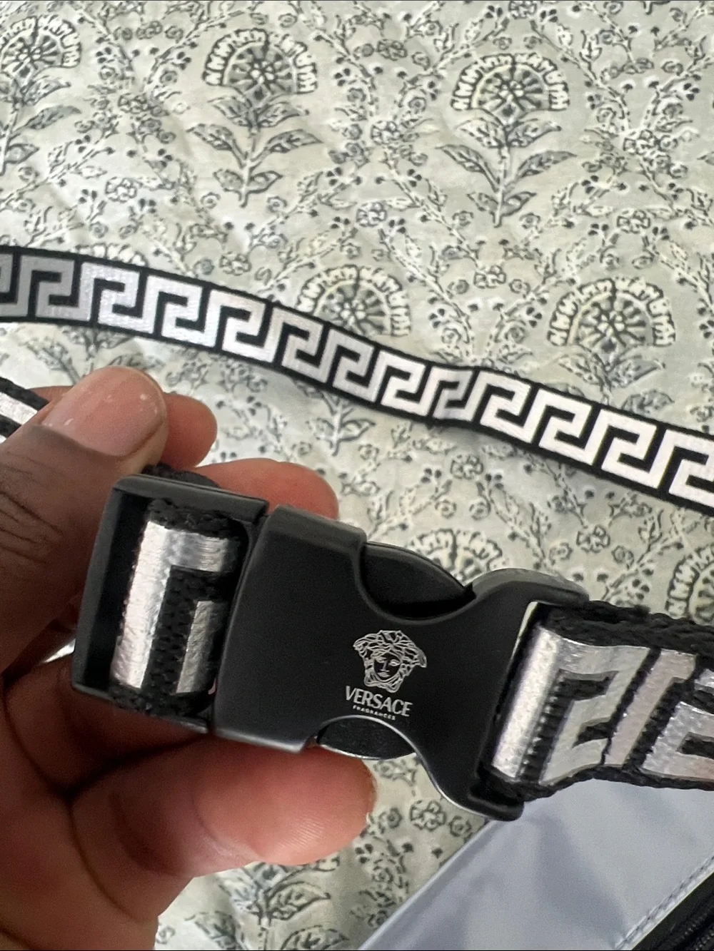 Versace Iridescent Silver Logo Belt Bag with Greek Key Strap